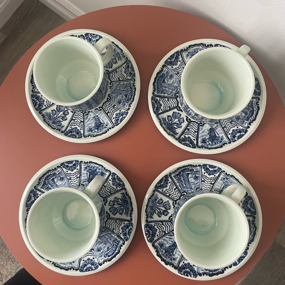 Belgian Delft Boch Old Dutch Blue & White Floral Coffee Teacups and Saucer Set - Picture 8 of 12